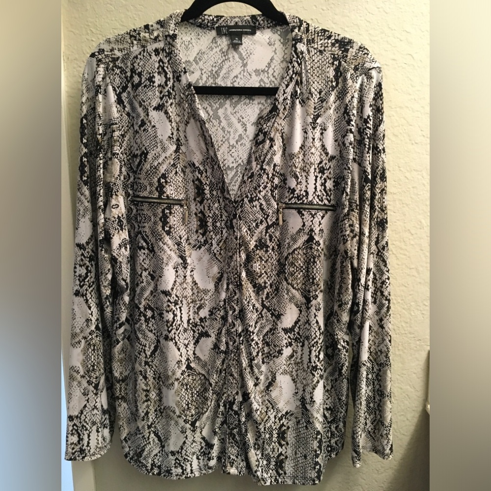 INC International Concepts Snake-Print V-Neck Blouse in Black and Grey